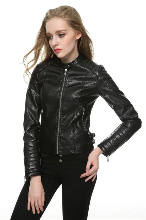 2018 Fashion Women Elegant Zipper Faux Leather Biker Jacket In Brown Black Slim Ladies Coat