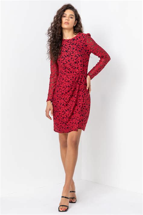 Ruched Detail Lace Wrap Dress In Red Roman Originals Uk