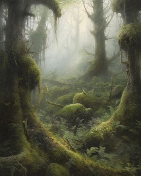 Premium AI Image | A painting of a forest with moss and moss.