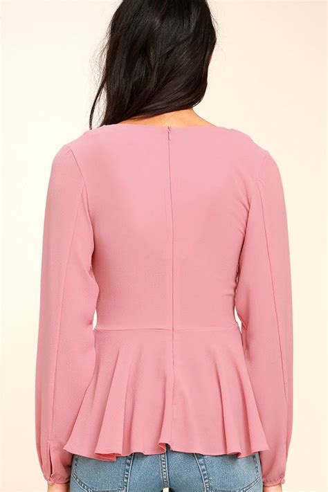 Chic Blush Pink Long Sleeve Top Tie Neck Top Long Sleeve Peplum Top