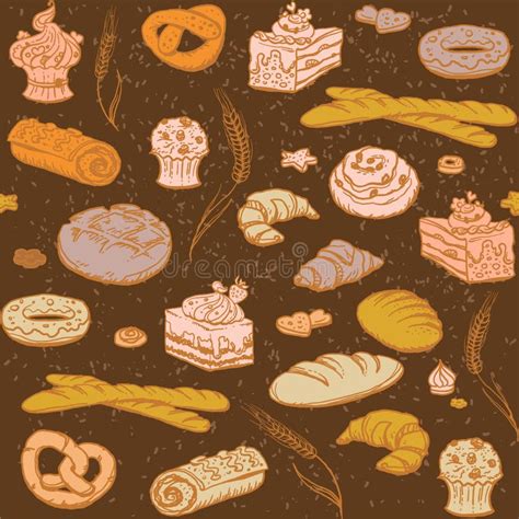 Bread And Pastry Seamless Pattern In Brown Color Stock Vector