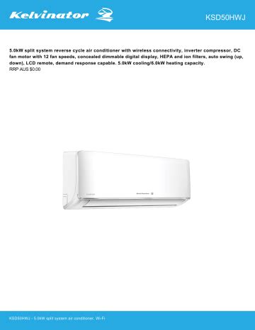 Kelvinator Ksd Hwj Kw Split System Reverse Cycle Inverter Air