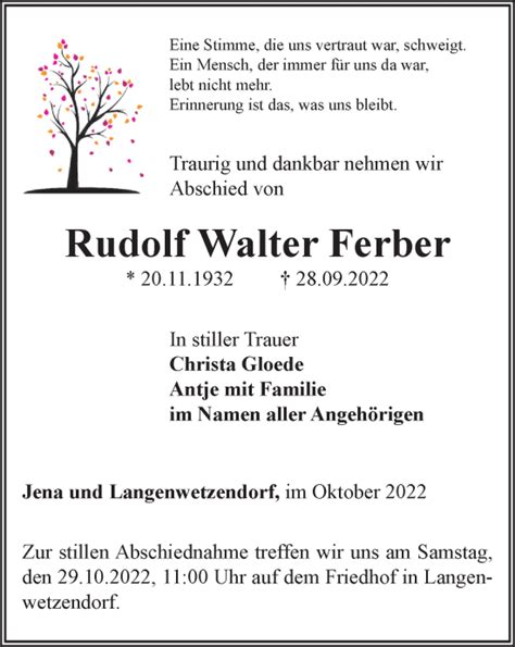 Traueranzeigen Von Rudolf Walter Ferber Trauer In Thueringen De