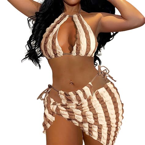 Sexy Strap Striped Bubble Cloth Three Piece Set Bikini Swimwear Swims