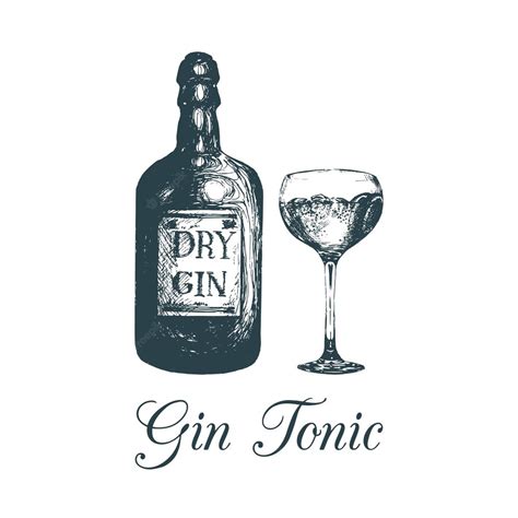 Premium Vector Hand Sketched Gin Bottle And Glass Alcoholic Drink