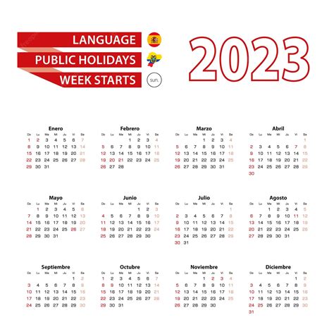 Premium Vector | Calendar 2023 in spanish language with public holidays