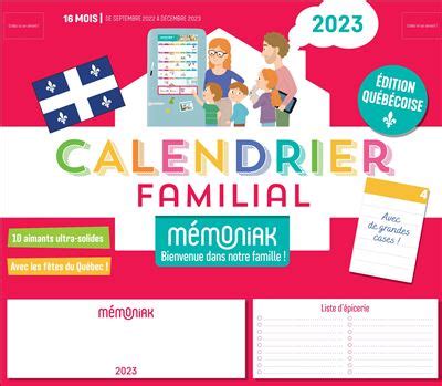 Calendrier familial Mémoniak 2023 spécial Québec calendrier mensuel