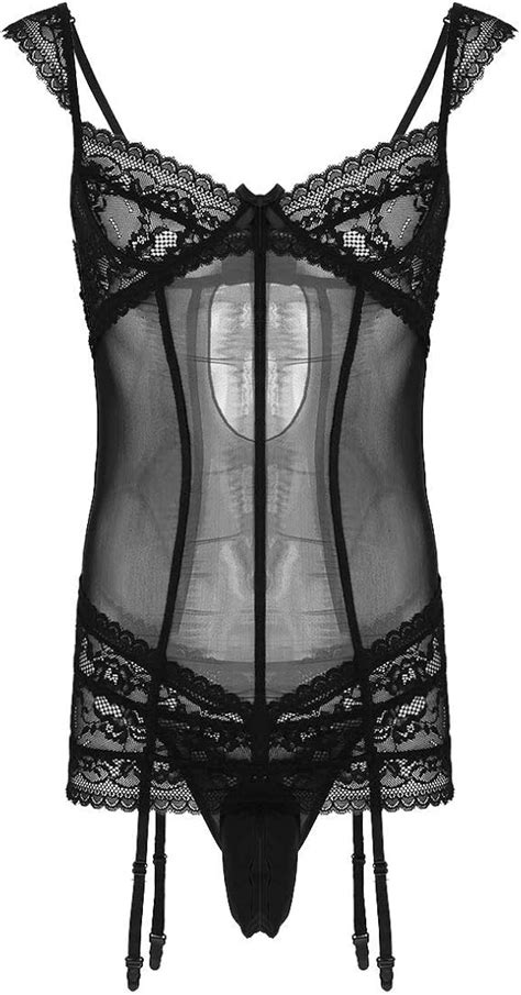 Ranrann Homme Sissy Lingerie Dentelle Pyjama Body Transparent Sous