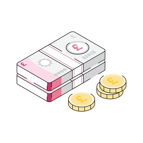 Visually appealing isometric icon showing pound banknotes with coins