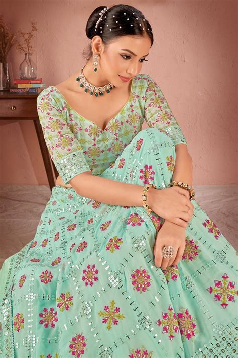 Buy Aqua Green Georgette Embroidered Lehenga Set Online Like A Diva