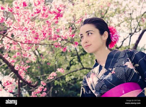 Young Okinawa Woman In Traditional Yukata Kimono Hi Res Stock