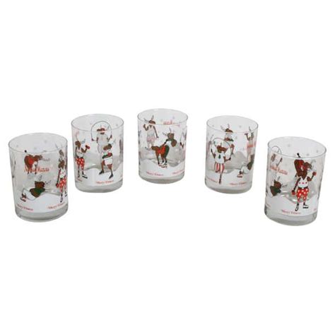 Vintage Neiman Marcus Holiday Christmas Theme Merry Fitness Bar Glasses