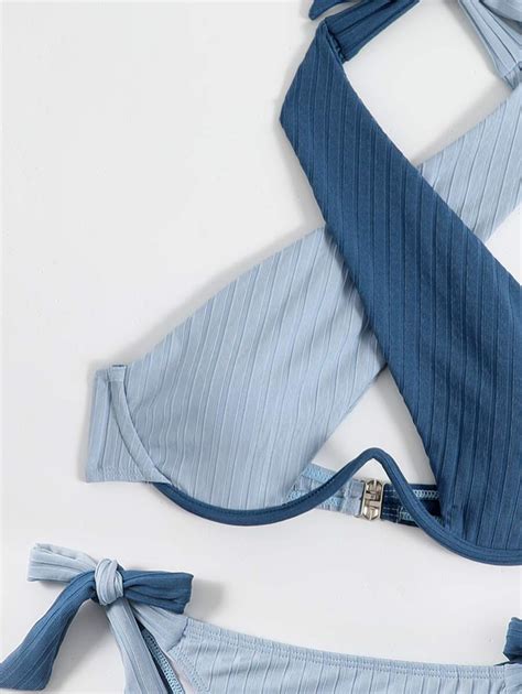 Summer Beach Two Tone Bikini Set Crisscross Cut Out Underwire Bra Top Tie Side Bikini Bottom