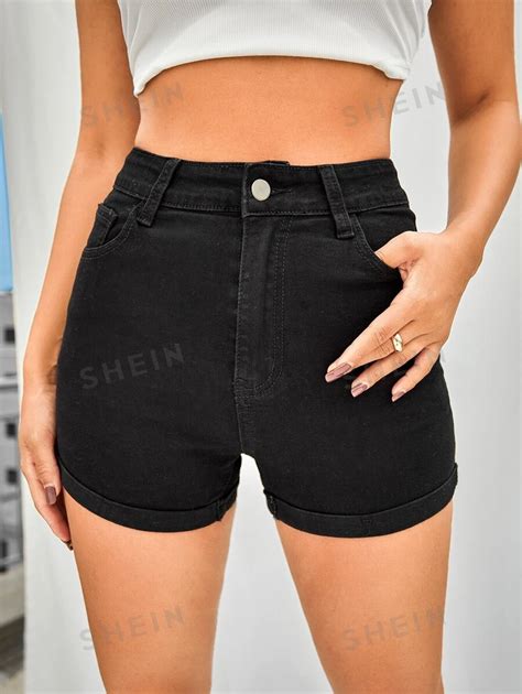 Shein Ezwear Shorts Mezclilla Bajo Doblado Con Bolsillo Moda De Mujer