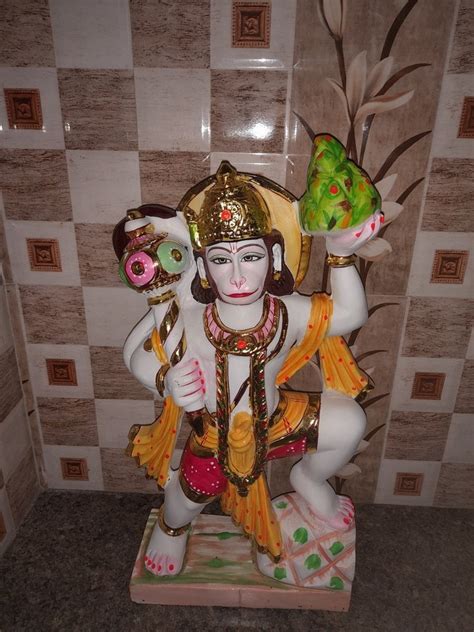 Golden Gold Plated Veer Hanuman White Marble Statues Size Inch