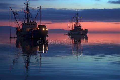 Trawlers Reflection On Calm Sea Surface At Twilight Stock Illustration