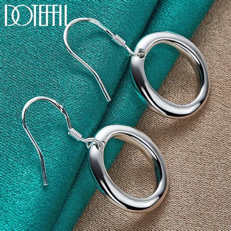 DOTEFFIL 925 Sterling Silver Circle Round O Drop Earrings For Woman