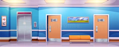 Cartoon Hospital Corridor Interior With Elevator Sofa And Doors To