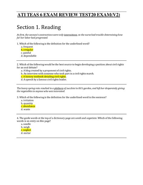 ATI TEAS 6 EXAM REVIEW TEST20 EXAM V2 Browsegrades