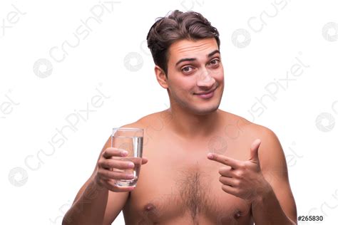 Naked Man Drinking Water Isolated On White Stock Photo