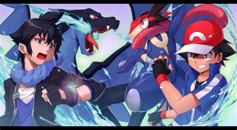 Pokemon Ash And Ash Greninja Vs Alain And Mega Charizard X Credits To Artist Pokemon Anime