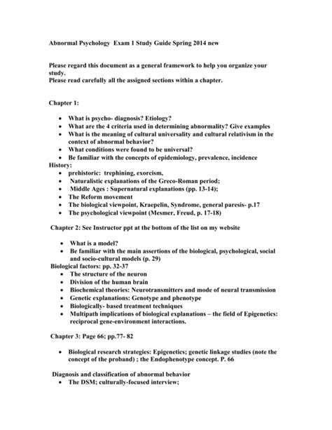 Abnormal Psychology Exam 1 Study Guide Fall 2013