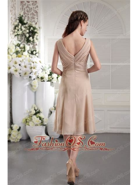 Champagne Empire V Neck Tea Length Chiffon Pleat Bridesmaid Dress 77 83