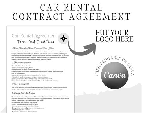 Editable Car Rental Agreement Template Vehicle Rental Agreement Car Rentals Contract Editable