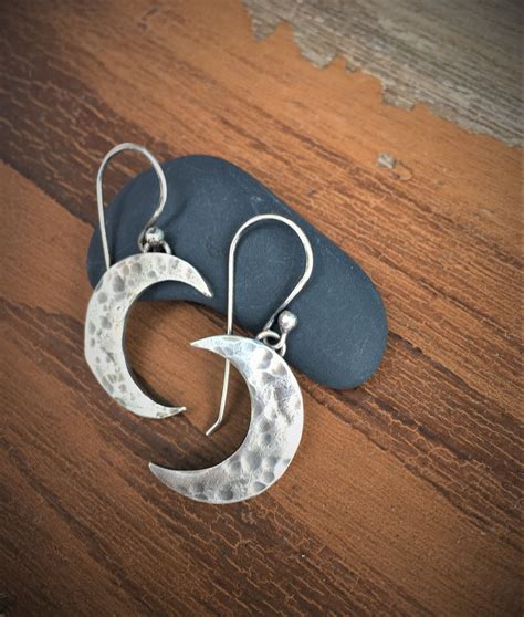 Moon Earrings Crescent Moon Raw Sterling Silver Hammered Dangle Earrings Metal Work Designer