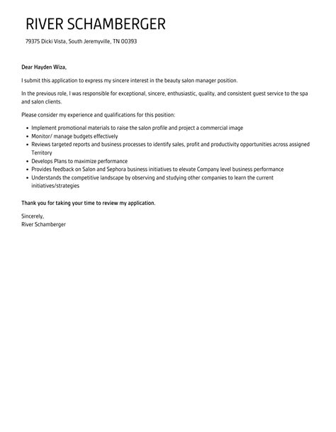 Beauty Salon Manager Cover Letter Velvet Jobs