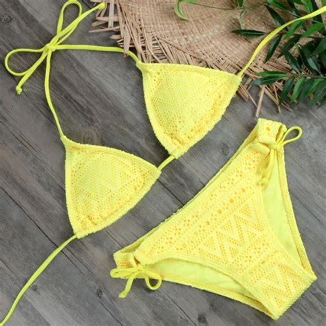 2019 Girls Sexy Lace Bikini Set Swimwear Yellow Push Up Swimsuit