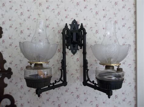 Antique Huge Cast Iron Wall Oil Lamps Putti Etched Shades Double