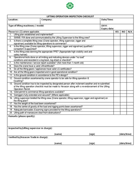 Lifting Operation Inspection Checklist | PDF | Crane (Machine)