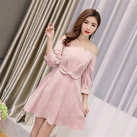 2018 Summer Korean Style Women Sexy Off Shoulder 3/4 Sleeves Bow A line ...