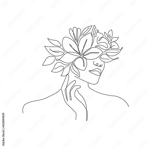 Elegant Woman Face With Flowers One Line Art Style Drawing Continuous