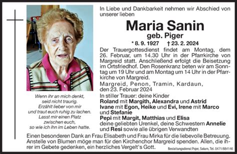 Traueranzeigen Von Maria Sanin Trauer Bz