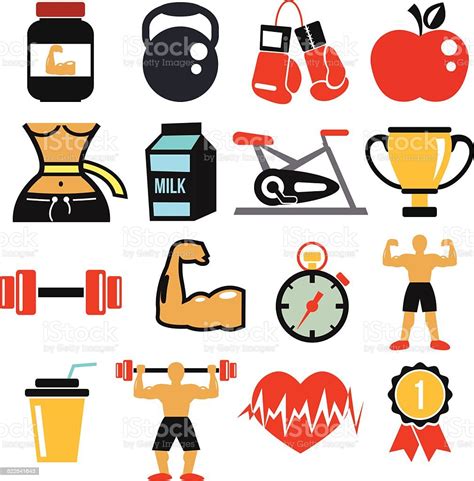 Vector Sport And Fitness Icons Set Stock Illustration Download Image Now Adult Barbell