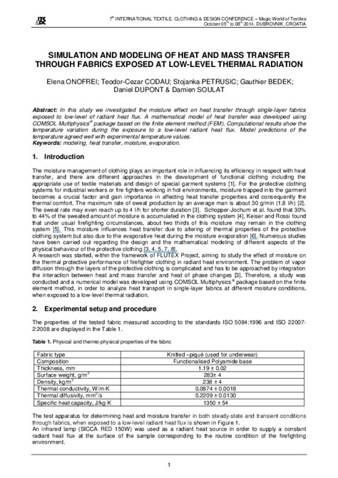 Pdf Simulation And Modeling Of Heat And Mass Transfer Through Fabrics