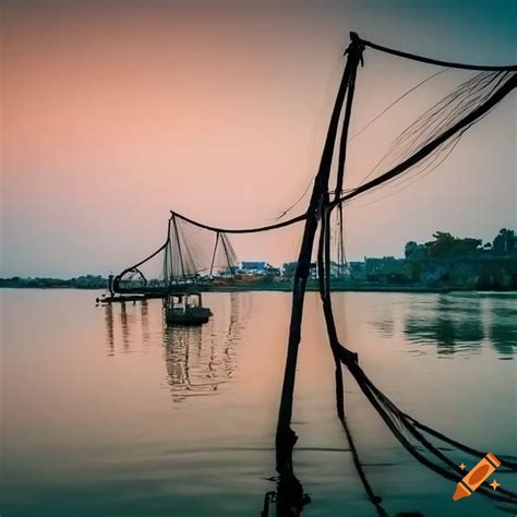 Fort Kochi Waterfront With Chinese Fishing Nets And Calm Lagoon View On