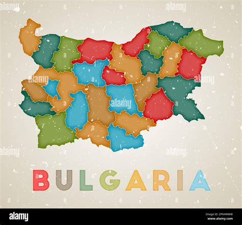 Mapa de Bulgaria Cartel de país con regiones de colores Vieja textura