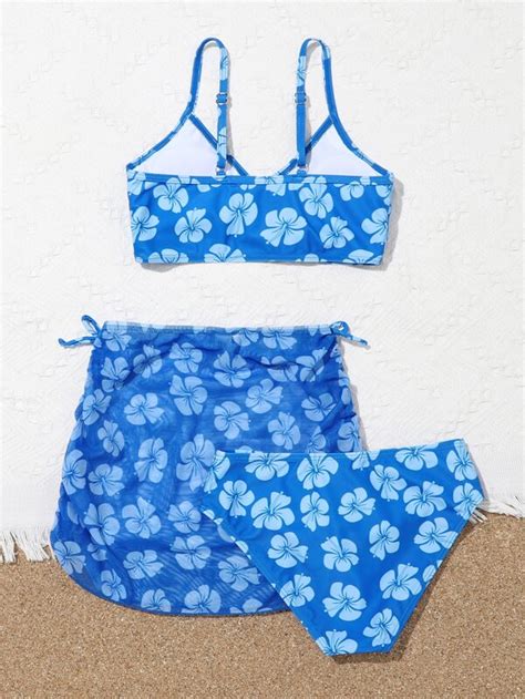 Girls 3pack Floral Print Bikini Swimsuit With Beach Skirt SHEIN UK