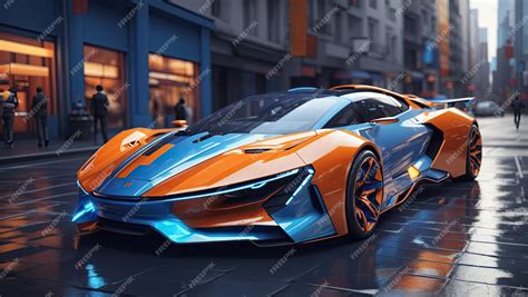 Premium Ai Image Futuristic Blue And Orange Sports Car On City Street