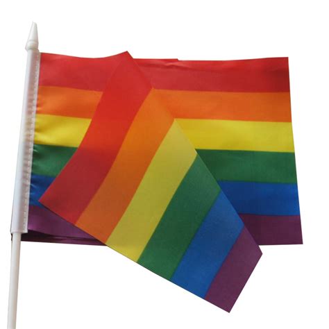 5 5 X 8 Inch Rainbow Stick Flag Gay Pride Small Mini Flags With White Soild Pole Hand Held