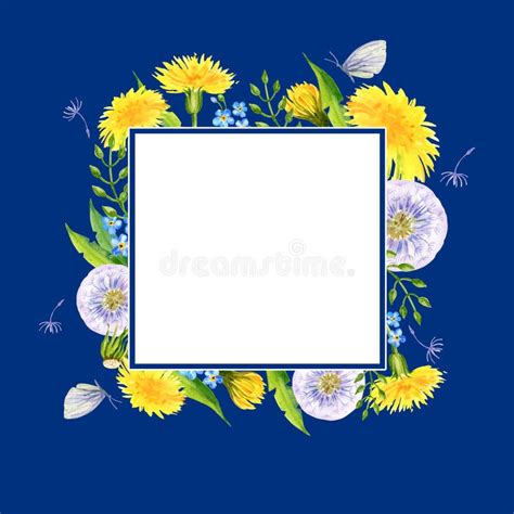 Watercolor Square Blue Frame With Summer Field Flowers Hand Draw