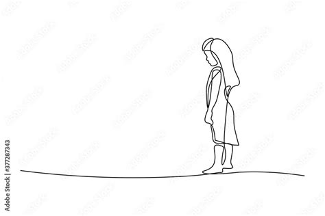 Sad little girl in continuous line art drawing style. Upset kid looking ...