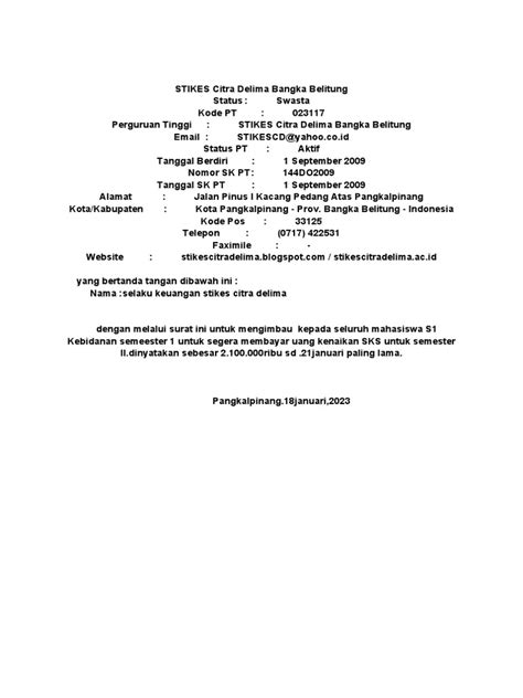 Surat Pembayaran Sks Semester 2 Pdf