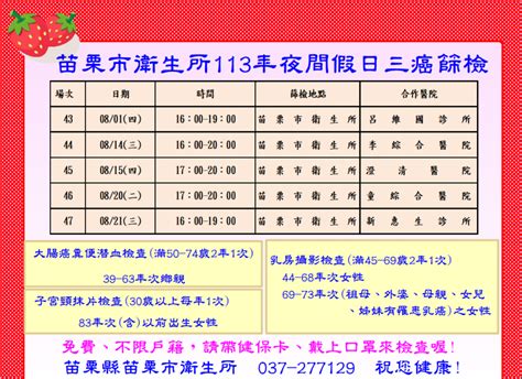 苗栗市衛生所癌篩訊息：113年08月份免費夜間假日癌症篩檢，請符合資格的鄉親，把握機會，攜帶健保卡前來檢查 苗栗縣政府衛生局