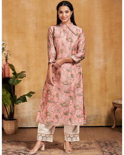 Peach Floral Printed Chanderi Kurta Set Set Of Two By Miar The