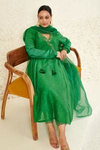 Buy Green Chanderi Hand Embroidered Mukaish V Neck Anarkali Angrakha