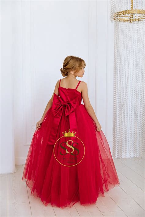 Red Flower Girl Dress Satin Flower Dress Tulle Dress Party Etsy